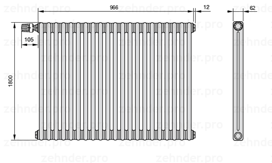 Схема (чертеж) Радиатор Zehnder Charleston 2180/21 №V011 Белый глянцевый RAL 9016